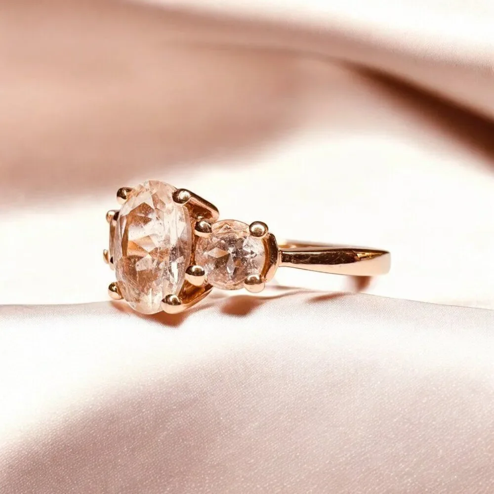 10K Rose Gold- Natural Morganite Ring - 1/2CTTW -Sz 7- Oval Cut Three Stone-2.4g